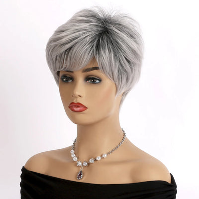 Short Grey Human Hair Wigs for Women Natural Pixie Cut Synthetic Wig Daily Hair