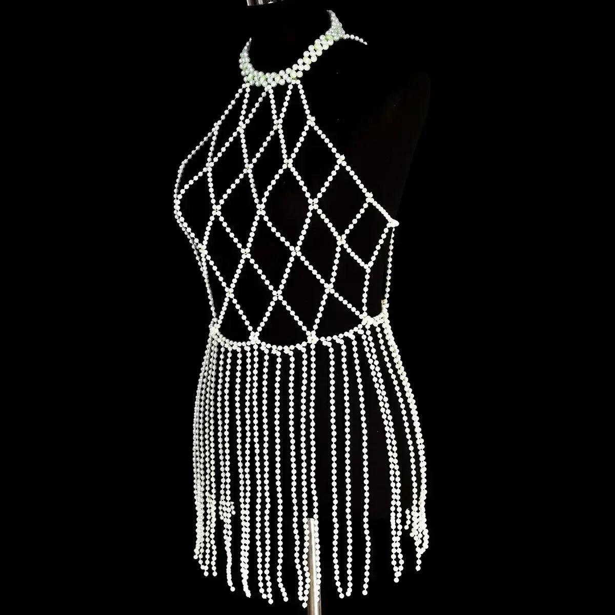 Luxurious a long fringed dress fashion faux pearl women’s body jewelry stage performance outdoor beach party accessories
