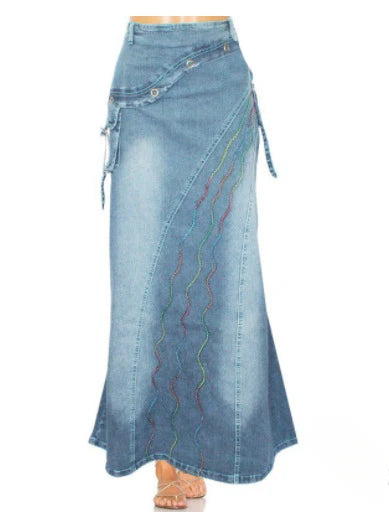 Long Skirt High Waist Vintage Print Women 2024 Autumn Temperament Patchwork Pocket Big Swing Female Denim Fishtail Skirts