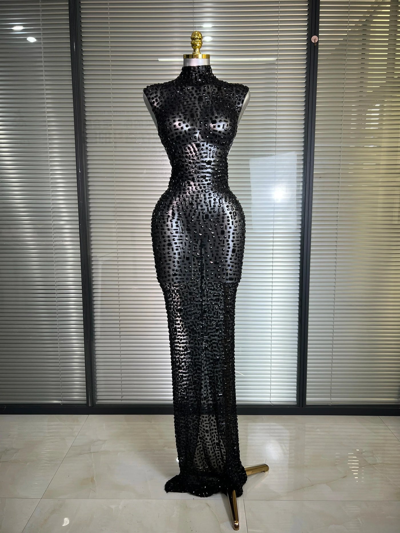 Women Sexy Mesh Crystal Diamonds Black Maxi Dress See Through Party Singer Stage Performance Costume