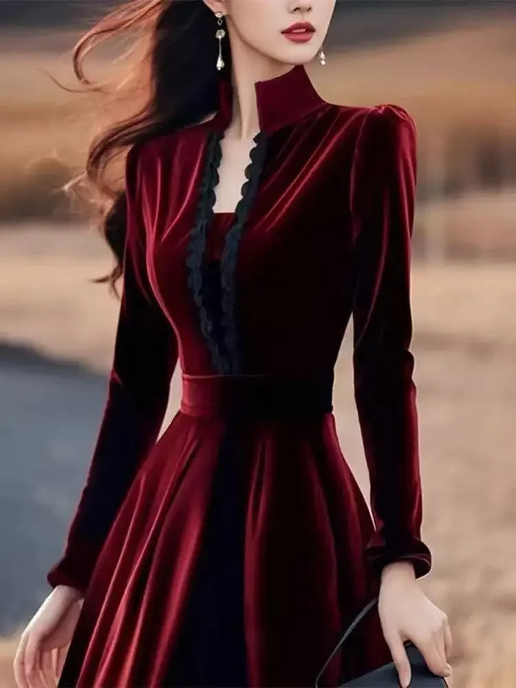 High Quality Red Velvet Dresses Women French Style Vintage Evening Party Vestidos Mujer Autumn Winter Elegant A-line Long Dress