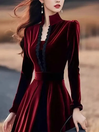 High Quality Red Velvet Dresses Women French Style Vintage Evening Party Vestidos Mujer Autumn Winter Elegant A-line Long Dress