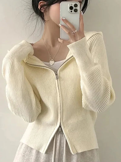 2025 New Casual Long Sleeve Hooded Sweaters Fashion Zipper Cardigan Women's Sweet Knitted Sweater Autumn Solid Sweater Coat