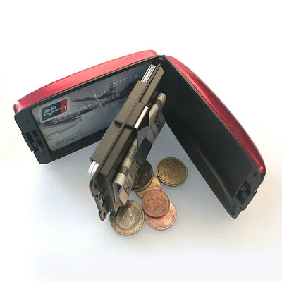 Red and black RFID blocking card holder wallet with gun design and metallic accents
