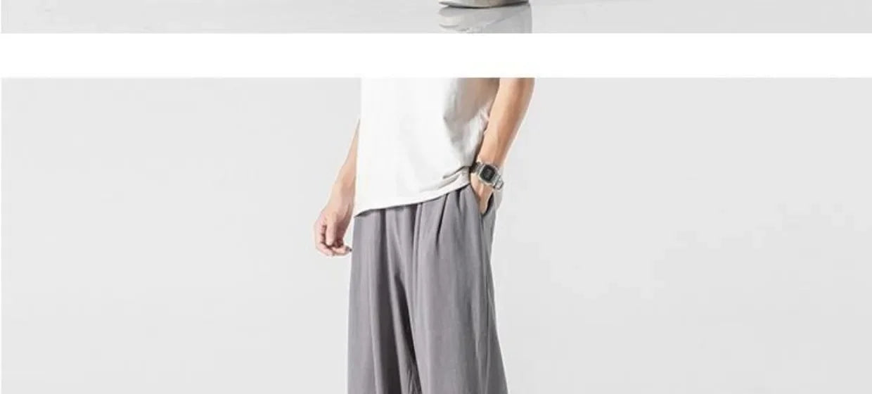 Summer Large Size Linen Cotton Wide Leg Pants Men Casual Comfortable Loose Fit Straight Leg Trousers Long Pants