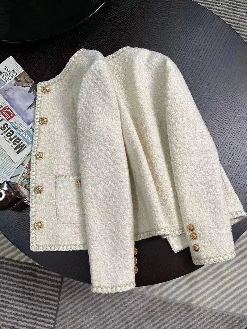 Women Vintage Jacket Autumn Winter Coat Off White Crop French Tweed