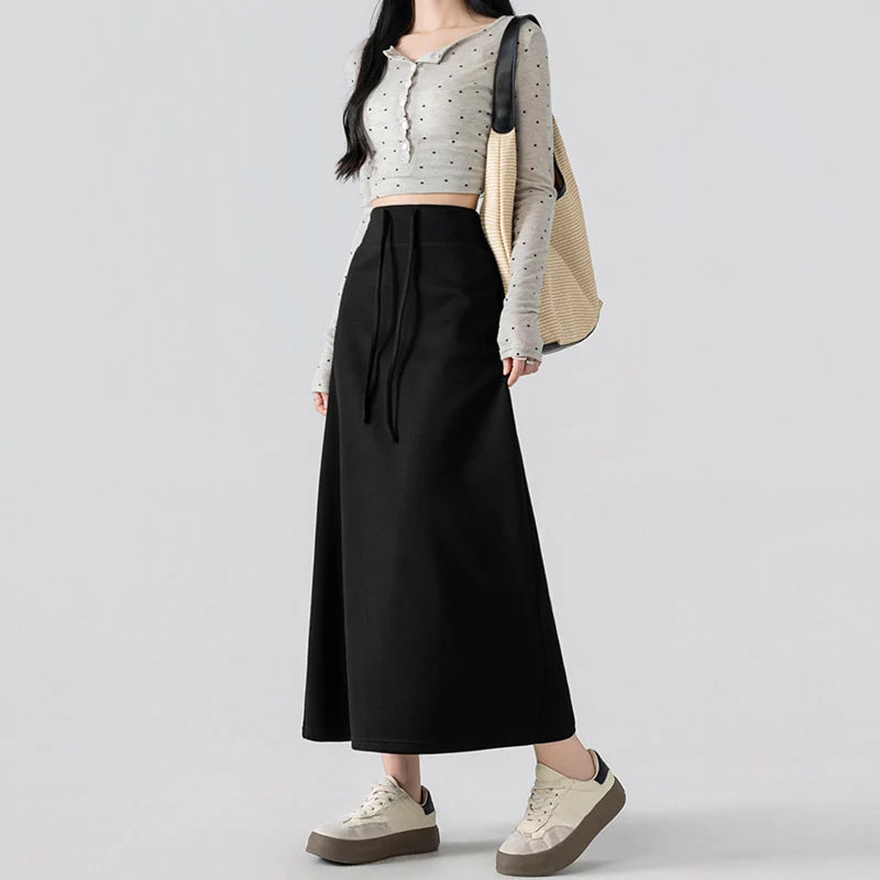 Simple Solid Color Long Skirts for Women Autmn Winter Chic Back Slit A-Line Midi Skirt Elegant Drawstring All Match Maxi Skirts