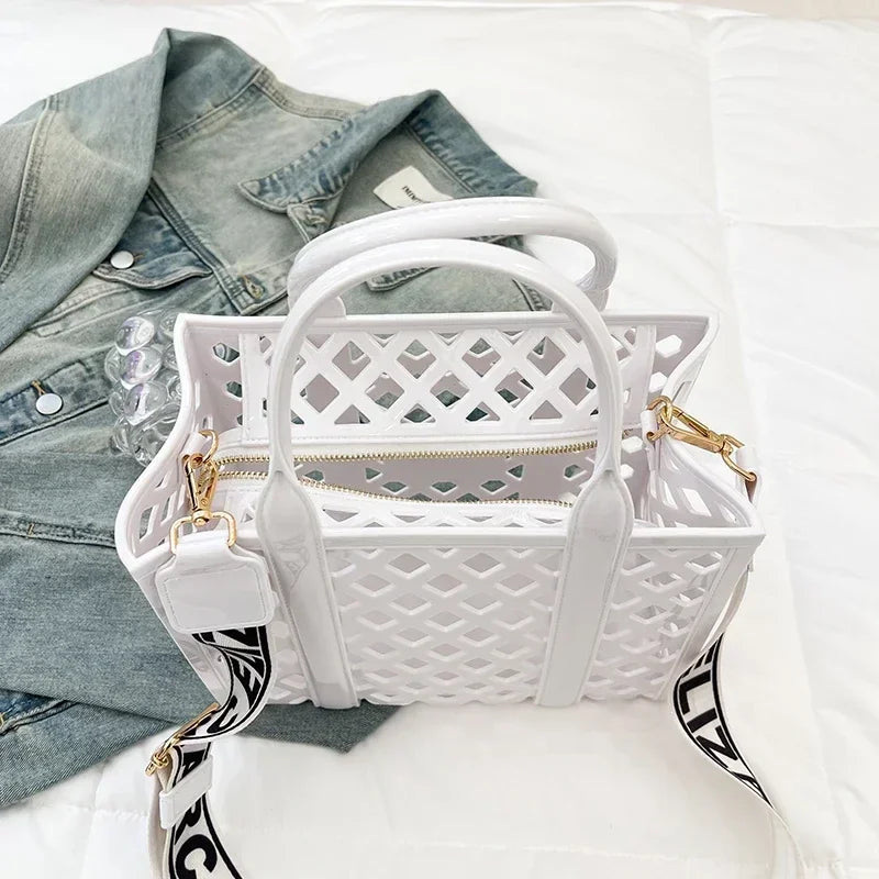 Designer Tote Bag For Women Brand Hollow Out Shoulder Bag 2025 New Travel Beach Handbag Purple Bag Fashion Shopper Purse