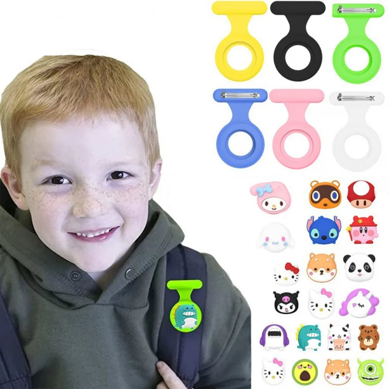 Green silicone backpack strap extender with cartoon AirTag holder for kids