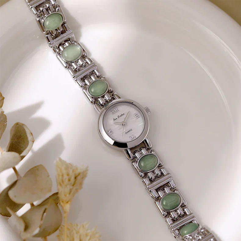 2025 High-End Vintage Woman Watches Fashion Elegant Natural Jade Stones Quartz Watch Retro Waterproof Hand Clock Gifts