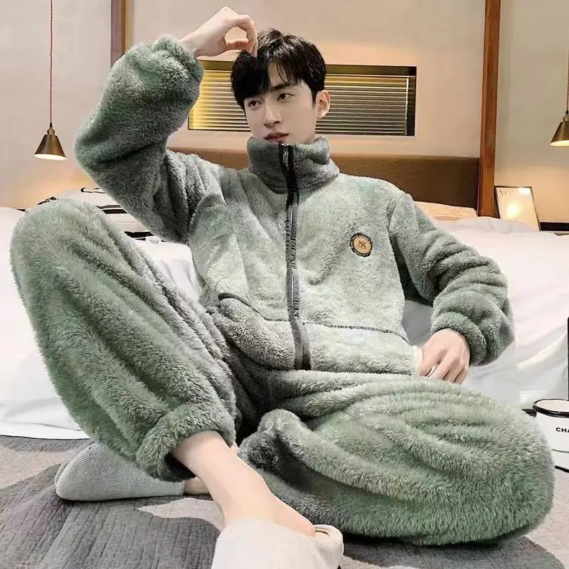 Men's Plush Fleece Pajamas Set Winter Warm Flannel Sleepwear