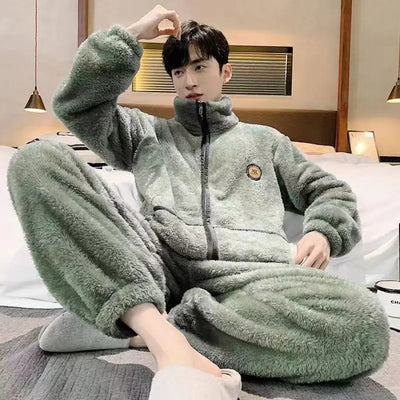 Men's Plush Fleece Pajamas Set Winter Warm Flannel Sleepwear