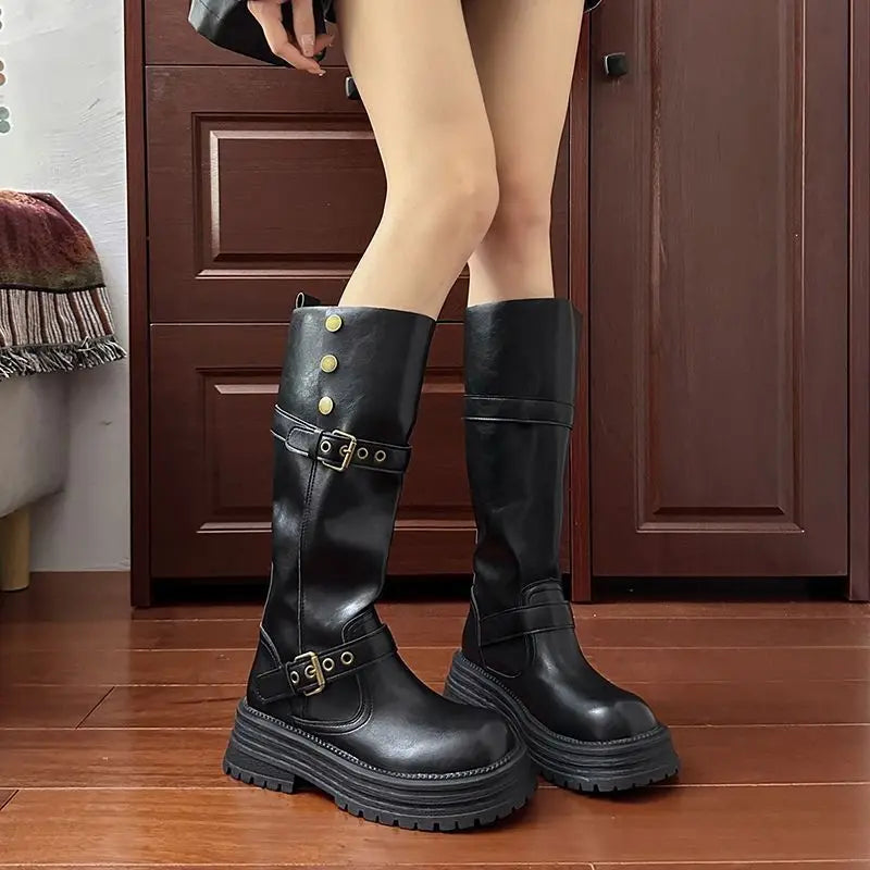 Women's Knee-High Boots Fashion Lapel Casual Leather Boots Non Slip Platform Boots for Women Trendy Knight Boot Botas Mujer2025