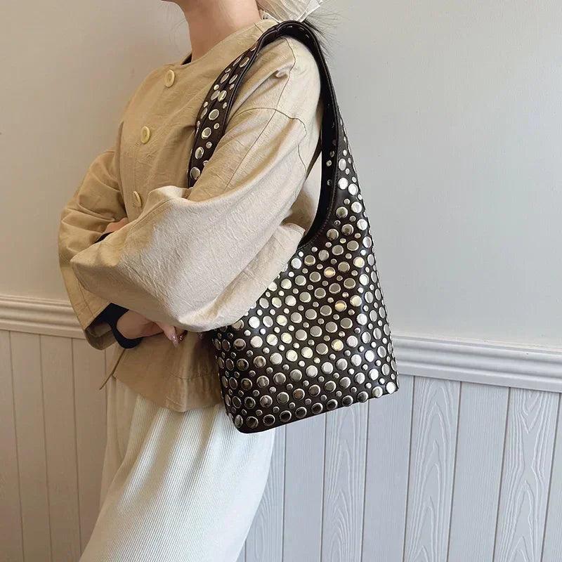 Designer geometric shoulder bag for women top brand handbag luxury shiny rivet handmade evening clutch fashion party