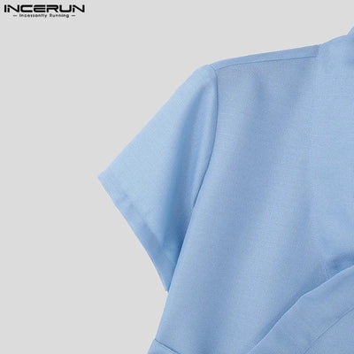 INCERUN Tops 2024 American Style New Men Diagonal Placket Texture Belt T-shirts Summer Casual Solid Short Sleeved Camiseta S-5XL