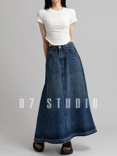 American Street Style Low Waist Large Hem Heavy Craft Retro Washed Frayed Denim Midi Skirt, Slimming A-line Skirts for Women