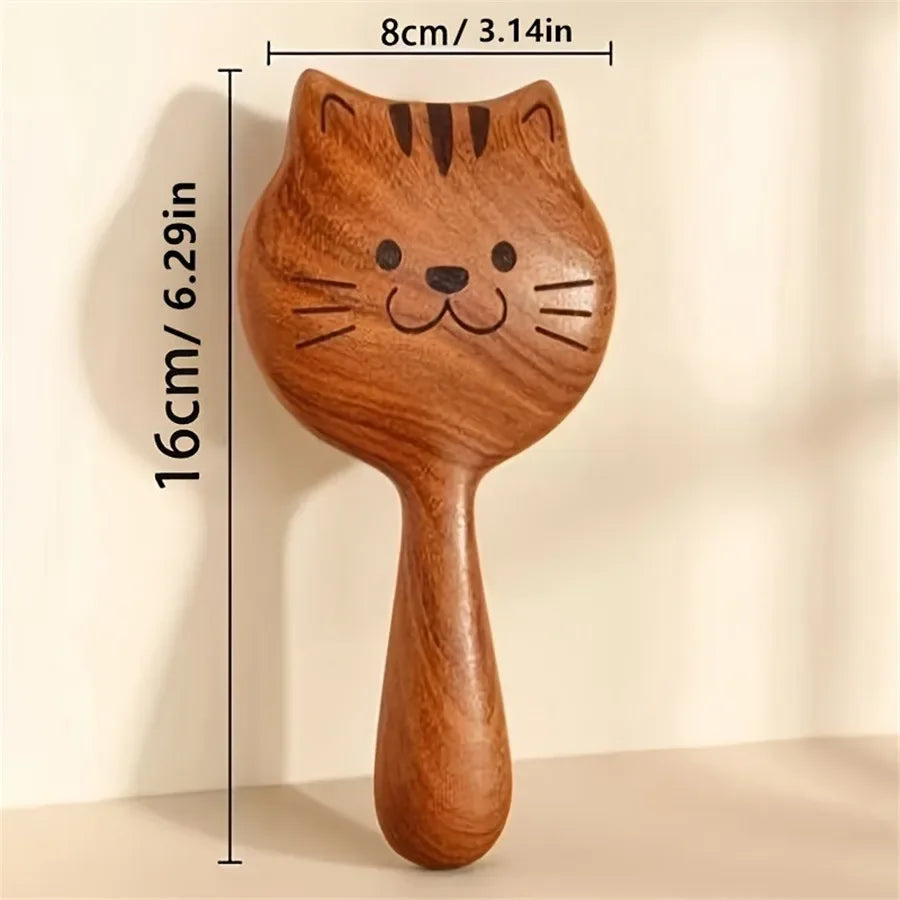 Wooden cat-shaped massage brush, sandalwood cartoon scalp meridian comb, wide-tooth meridian massage comb, soothing scalp