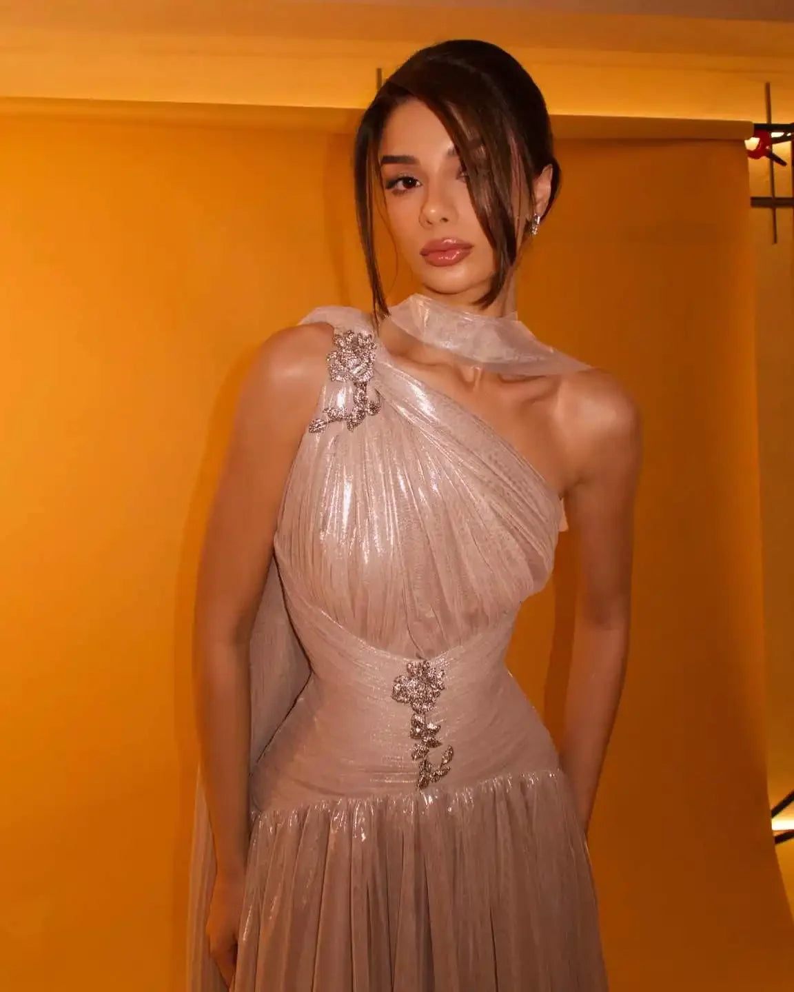 Sharon Said Elegant Rose Gold One Shoulder Evening Dress with Scarf Pleated for Women Wedding Party Prom Gowns SF235 Customized