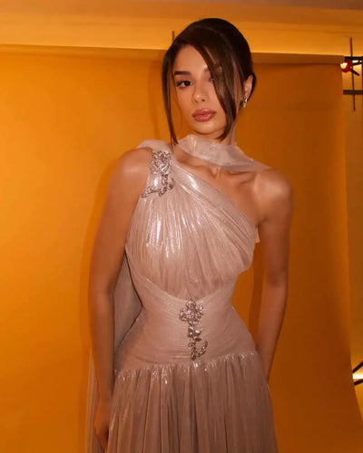 Sharon Said Elegant Rose Gold One Shoulder Evening Dress with Scarf Pleated for Women Wedding Party Prom Gowns SF235 Customized