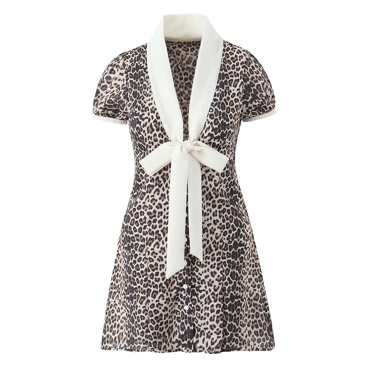 Elegant French style Women Animal Leopard Print Shirt Dress Contrast Color Tie Bow V neck Puff Sleeve Short Dresses Mini Robe