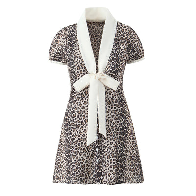 Elegant French style Women Animal Leopard Print Shirt Dress Contrast Color Tie Bow V neck Puff Sleeve Short Dresses Mini Robe