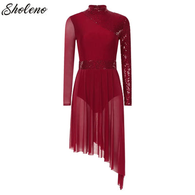 Women Modern Lyrical Dress Camisole Dance Costume Ballet Asymmetric High-Low Mesh Skirted Sleeveless Leotard Gymnastic Dancewear