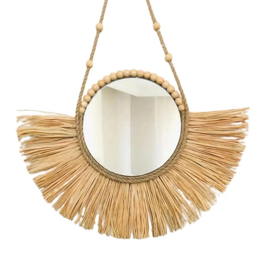 Home decor hanging mirror raffia wood beads acrylic multifunct decorative decorations bedroom wall room
