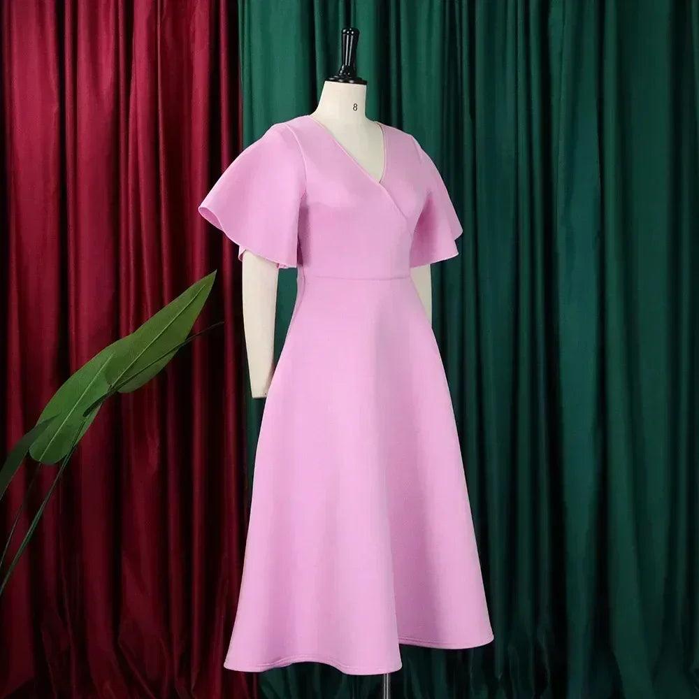 Elegant party dresses for women v neck ruffles sleeve high waisted pleated mid calf luxury birthday dinner vestidos