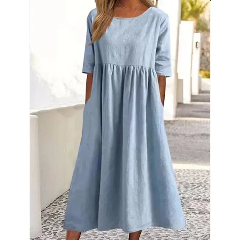 2025 Summer Cotton and Linen Dress Casual Short Sleeve Loose O-Neck Women's Dress with Pockets Simple Solid Midi Dresses 6661#