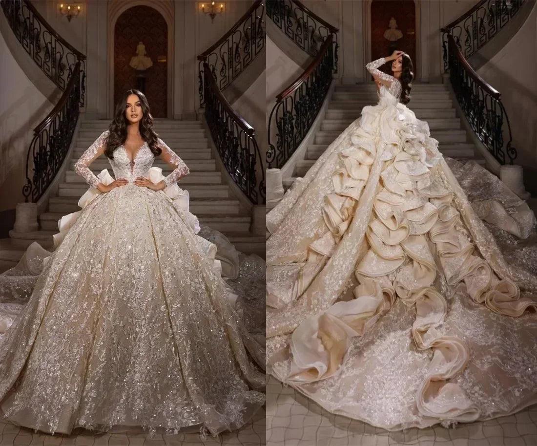 Wedding dress glitter sequins beading appliques cathedral bridal gown