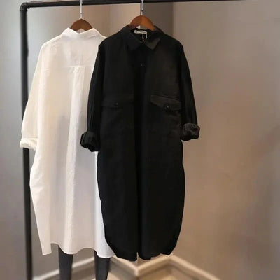 Cotton Linen Women Medium-Length White Polo Shirt