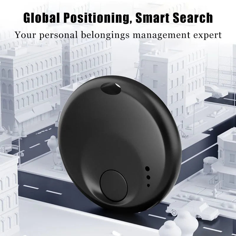 Sleek black circular AirTag GPS tracker for iOS Android Find My app