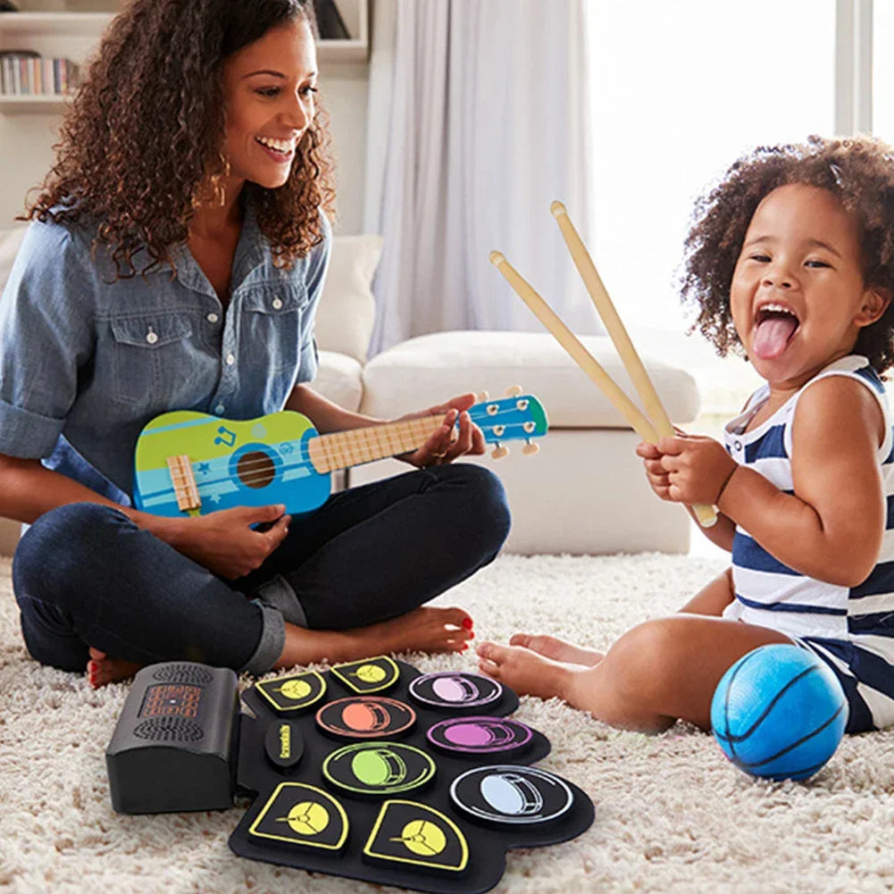 Electronic Drum Set With Drum Sticks Pedals Music Drums 9 Pad Roll-Up Drum Musical Electronic Drums Instrument For Kids Adults