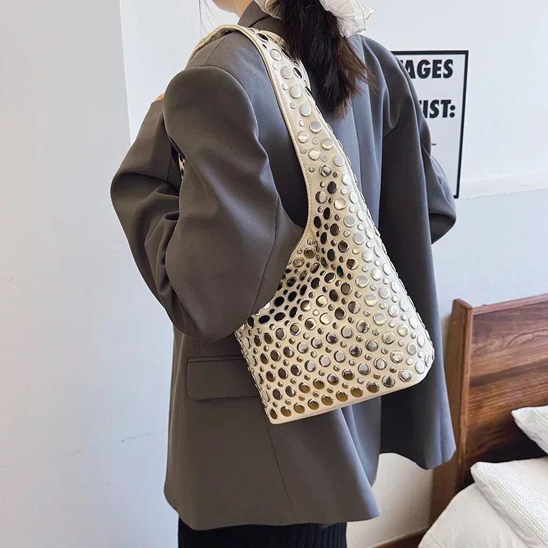 Designer geometric shoulder bag for women top brand handbag luxury shiny rivet handmade evening clutch fashion party