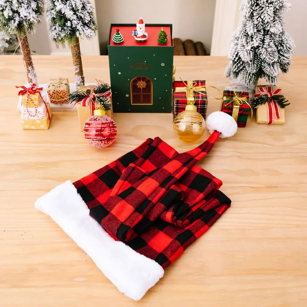 Fashion Merry Christmas Decoration Christmas Hat Santa Claus Plaid Santa Claus Hat Velvet Beanie Red Plush Hat Christmas Gift