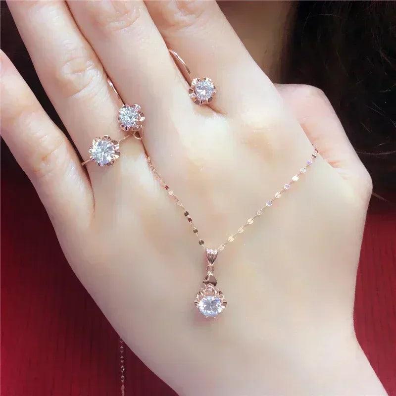 White shiny flower jewelry set plated rose gold earrings for women charms rings necklace elegant light luxury necklaces