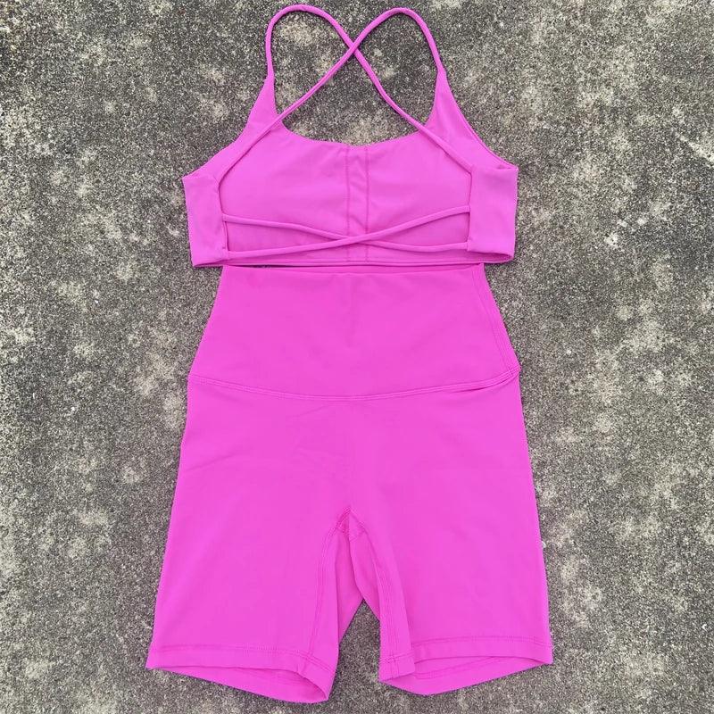 2 Piece Gym Sports Set Women Yoga Shorts Set Workout Outfit Fitness Suit Cross Straps Bra High Waist Shorts Running Tracksuit