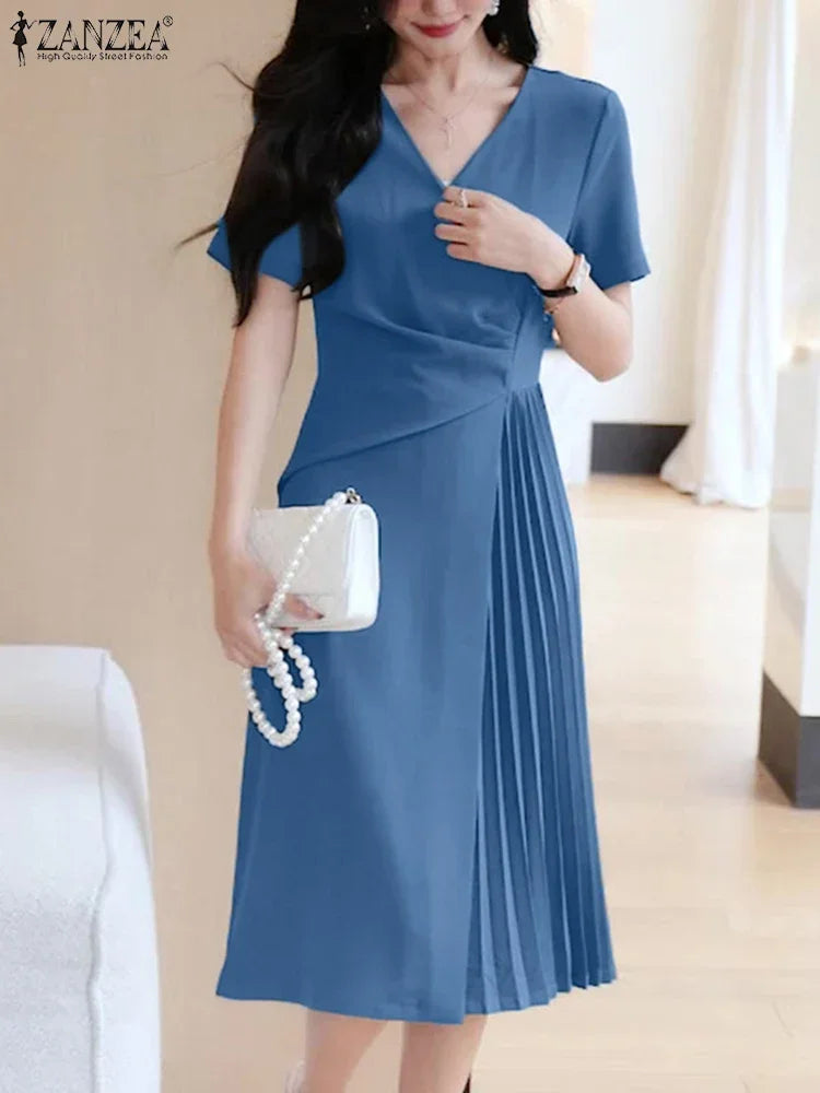 Summer Women Elegant OL Work Sundress V Nek Party Dress 2024 ZANZEA Fashion Short Sleeve Robe Femme Solid Pleated Midi Vestidos