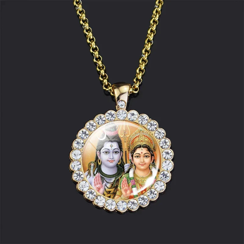 Shiva Parvati Necklace Hindu God Jewelry Vishnu Lakshmi Glass Rhinestone Pendant Chain Necklace Hinduism Jewelry