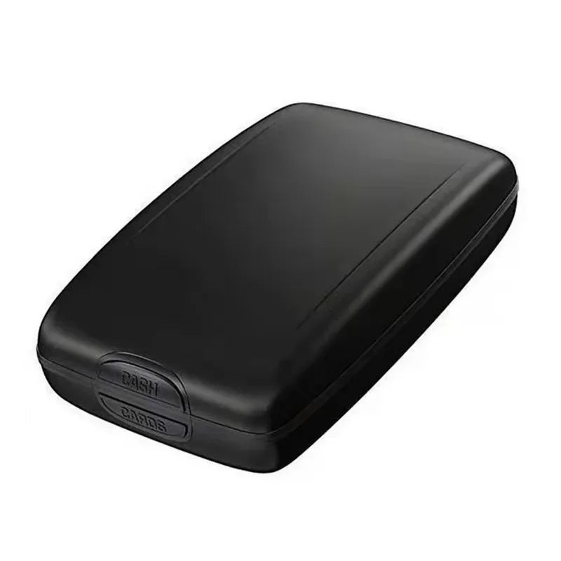 Black leather RFID blocking card holder with embossed ID cards