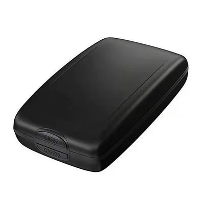 Black leather RFID blocking card holder with embossed ID cards