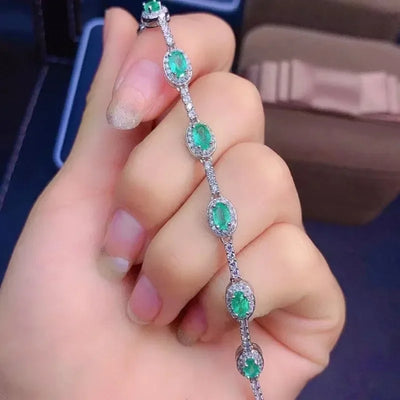 Fine Jewelry 925 Sterling Silver Inset with Gemstones Women's Luxury Vintage Fresh Emerald Hand Bracelet