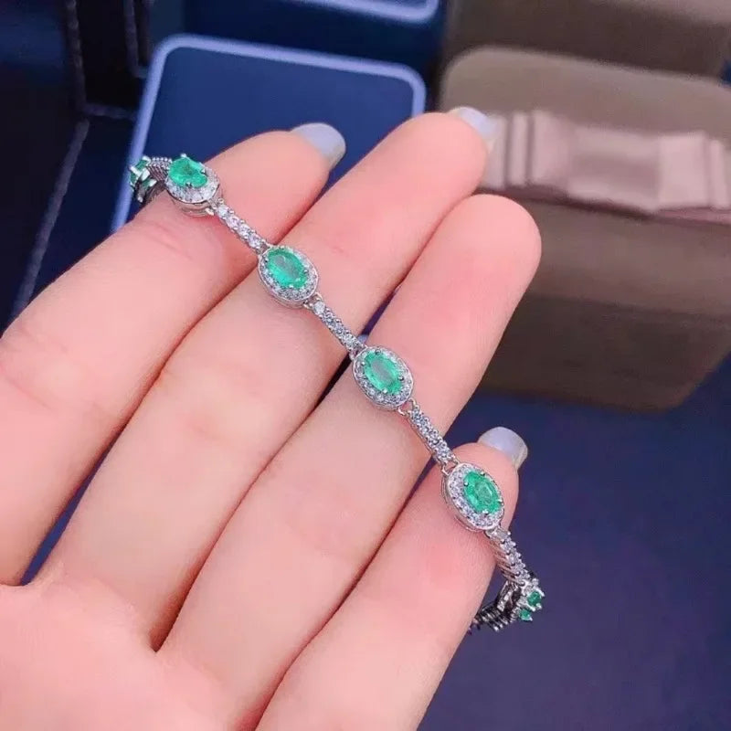 Fine Jewelry 925 Sterling Silver Inset with Gemstones Women's Luxury Vintage Fresh Emerald Hand Bracelet