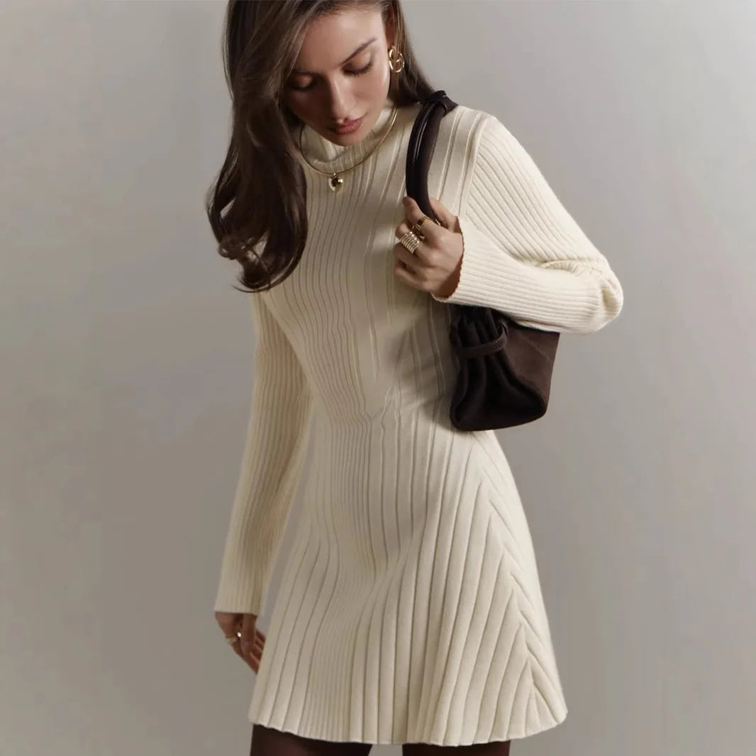 Knitting Dress Women's 2025 Spring Knitted Dress Long Sleeve Semi-High Neck A Line Skirt Elegant Knitwear Sweater Dress Women