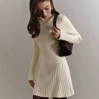Knitting Dress Women's 2025 Spring Knitted Dress Long Sleeve Semi-High Neck A Line Skirt Elegant Knitwear Sweater Dress Women
