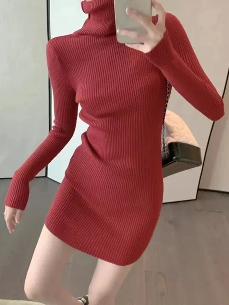 Elegant Turtleneck Knitted Women Dress Elastic Long Sleeve Above Knee vestidos mujer Basics Solid Slim-fit Dresses Female
