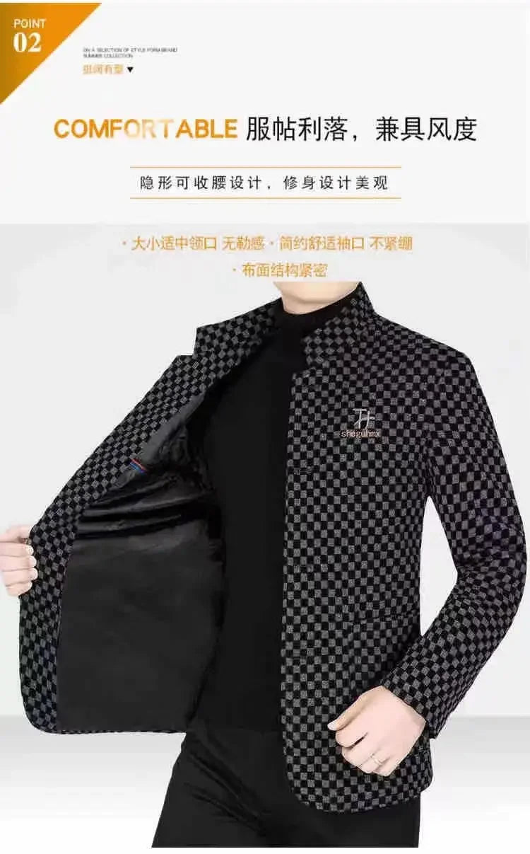 High Quality Men's Blazers Business Casual Stand Collar Woolen Jacket Classic Plaid Retro Versatile Tops Streetwear Coats