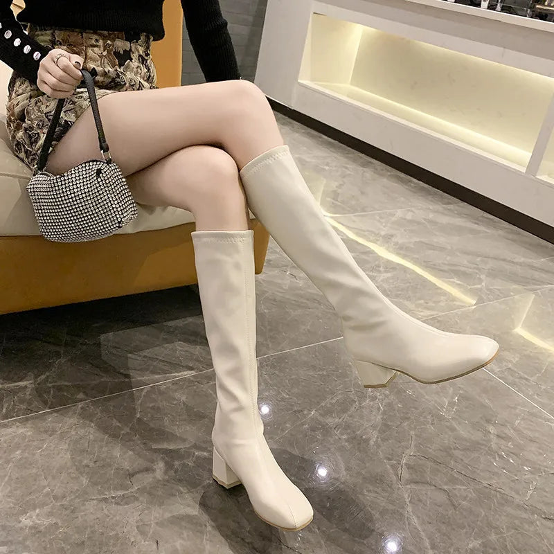 Knee-high  Boots Women's Autumn Winter Faion Briti Sle Flat Head Slimming High-calf Boots Waterproof PU Leather