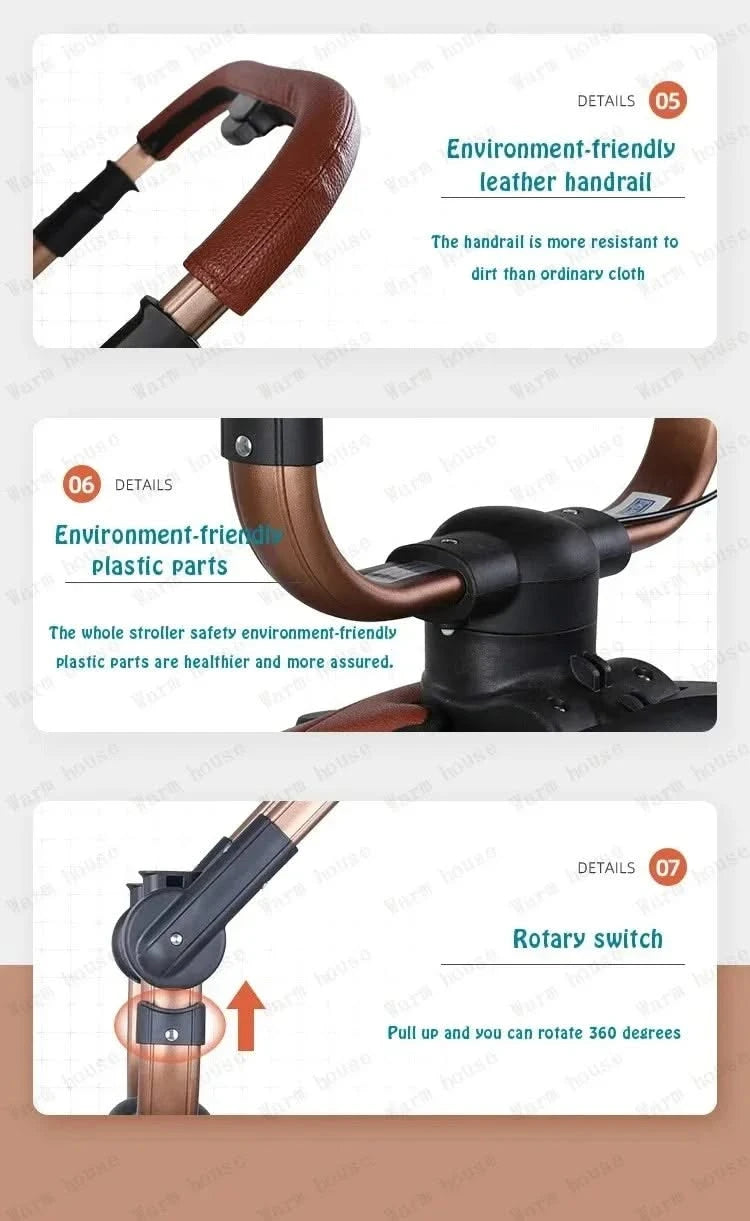 3-in-1 Luxury High-view Baby Stroller with Car Seat Foldable Newborn Baby Stroller PU Leather Two-way Baby Stroller