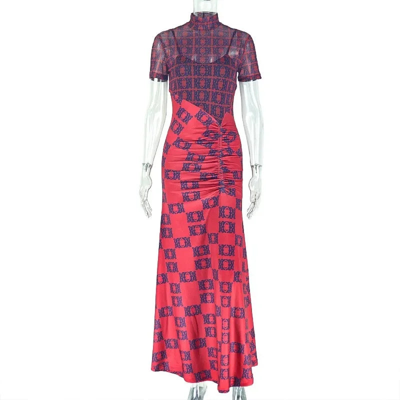 Women Turtleneck Elegant Short Sleeve Maxi Dress Outfits Casual Fashion Bodycon Sheer Pleated Long Dresses Vestido